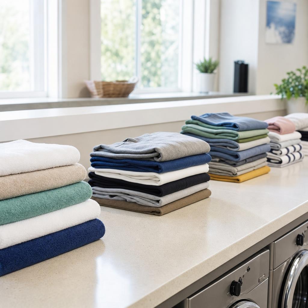 Neatly folded stacks of clean clothes on a laundromat counter