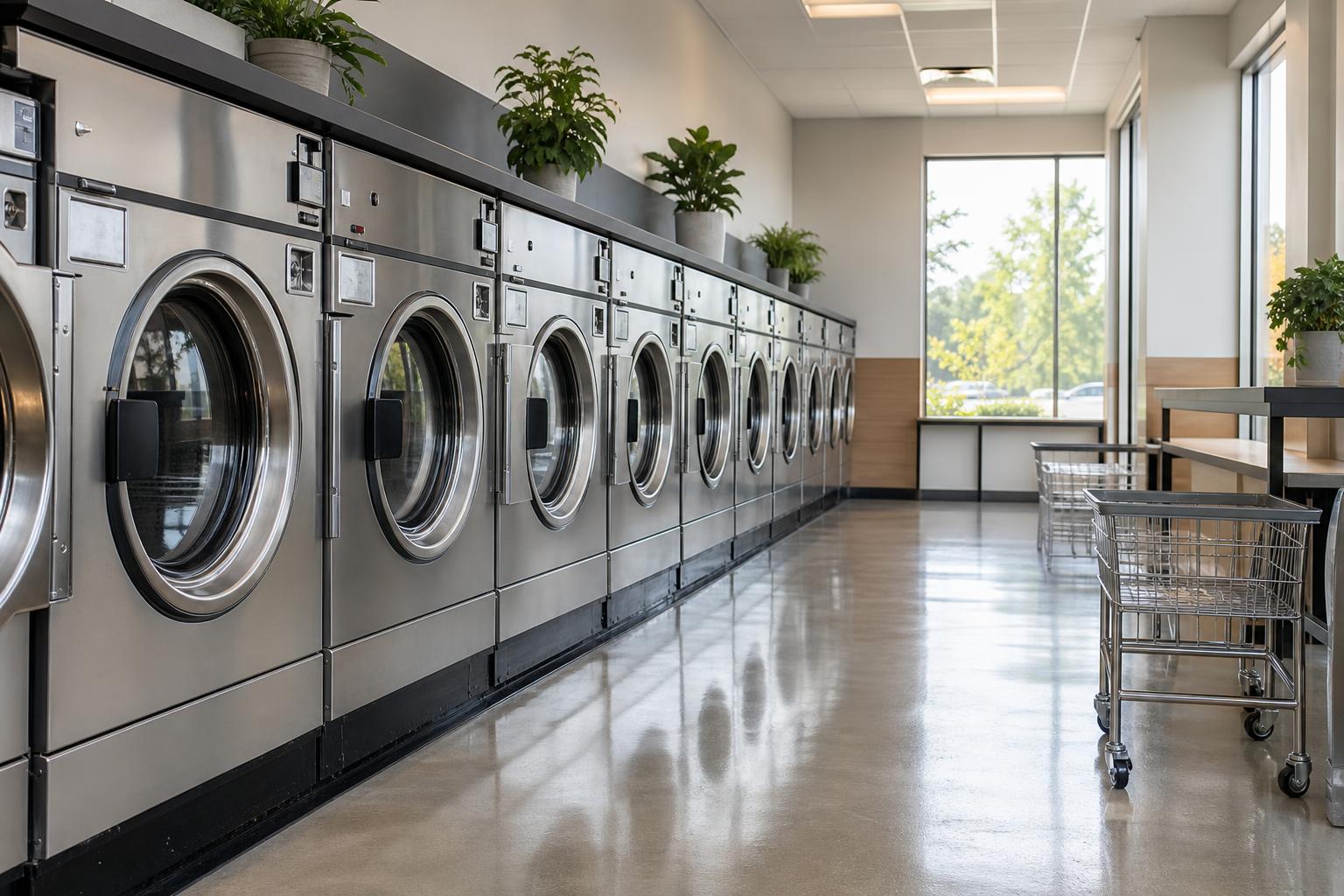 Row of stainless-steel washing machines along a bright, clean self-service laundromat aisle