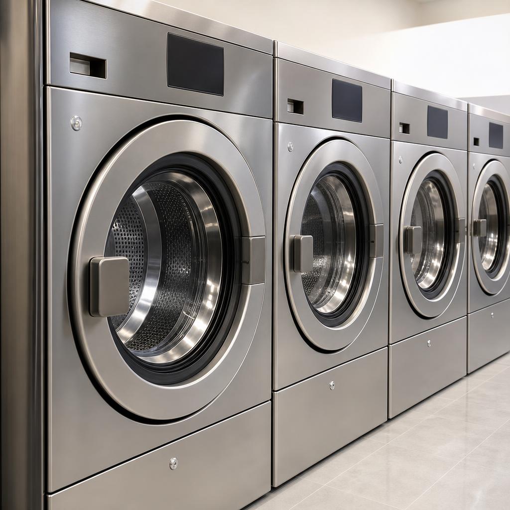 Row of stainless-steel front-loading washing machines