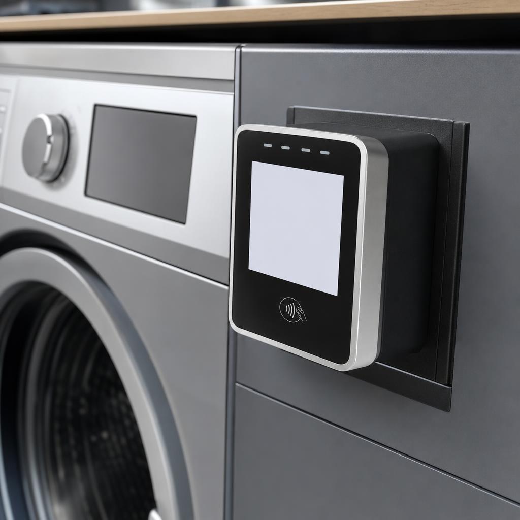 Contactless card payment terminal mounted on a laundry machine